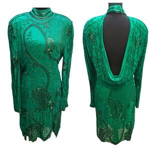 Vintage Fabrice Silhouette 1980s Silk Beaded Dress Cocktail Evening Backless